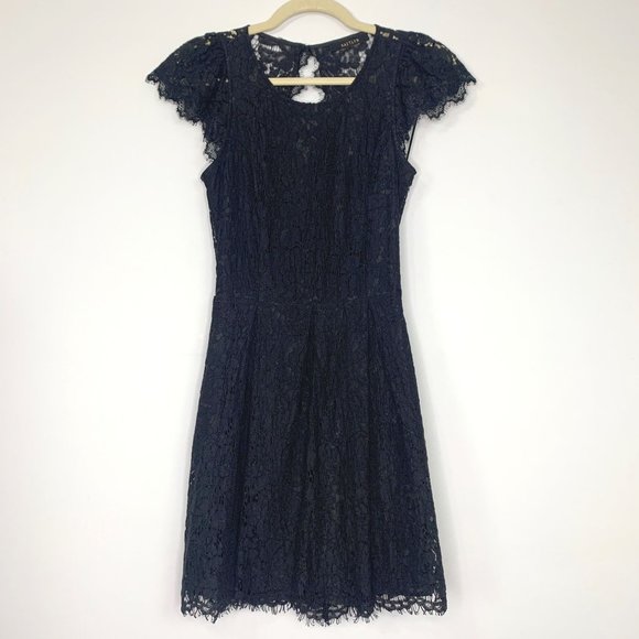 KAITLYN Black Eyelash‎ Lace Cap Sleeve Cut-Out Back Midi Dress Sz M - Picture 1 of 10